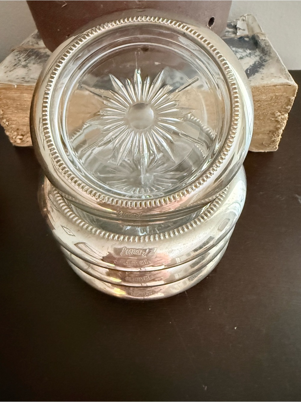 Silver Cut Glass Lot of 4 Vintage Leonard Sterling Silverplate Drink coasters